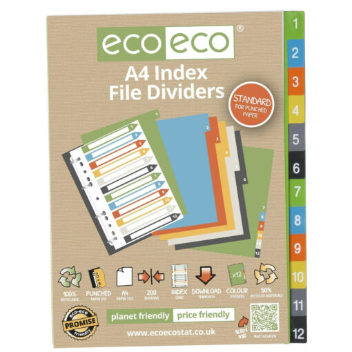 eco-eco A4 File Dividers 1-12 Index Assorted Colours