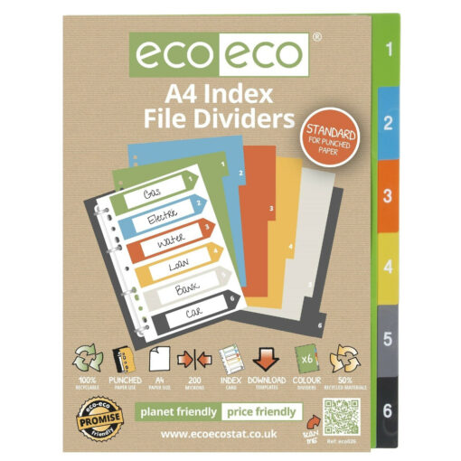 eco-eco A4 File Dividers 1-6 Index Assorted Colours