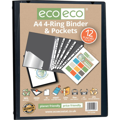 Eco-Eco A4 Ring Binder File Folder 2 Ring Black Cover