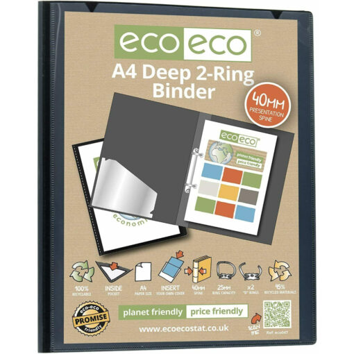 Eco-Eco A4 Ring Binder File Folder 2 Ring Black Cover