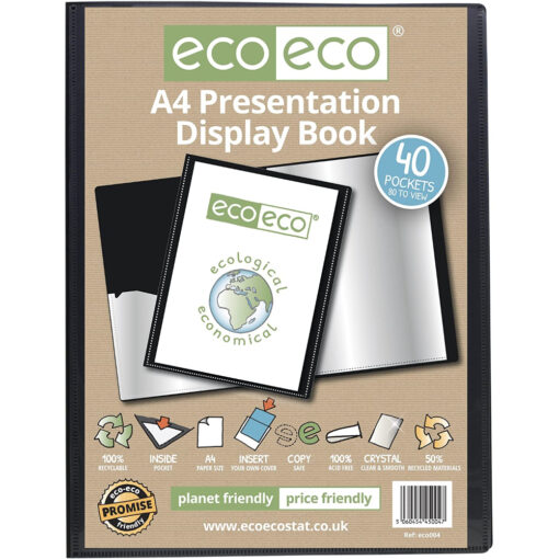 eco-eco A5 Display Book 50% Recycled 40 Pocket Black Presentation File Folder