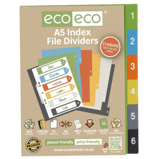 eco-eco A5 File Dividers 1-6 Index Assorted Colours