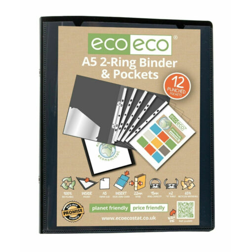 Eco-Eco A5 Ring Binder Black Display Book + 12 Punched Pockets