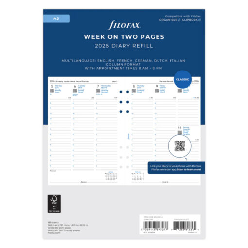 Filofax A5 Week on Two Pages Multilanguage 2026 Diary Refill 68514