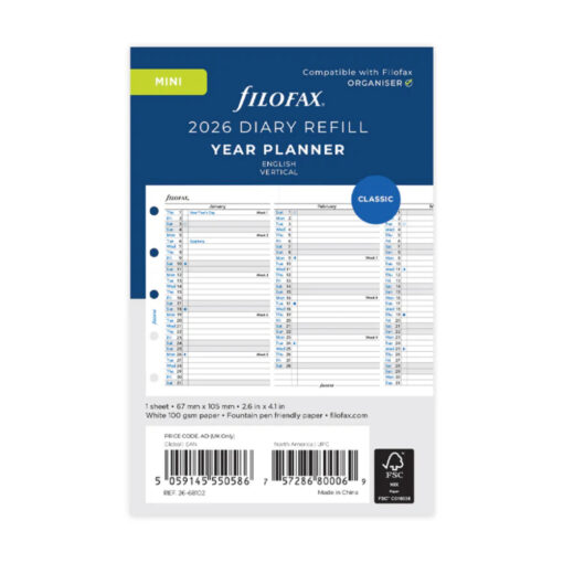 Filofax Mini Vertical Year Planner English 2026 Diary Refill 68102