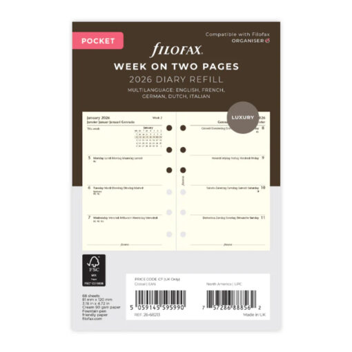 Filofax Pocket Week on Two Pages Cotton Cream Multilanguage 2026 Diary Refill