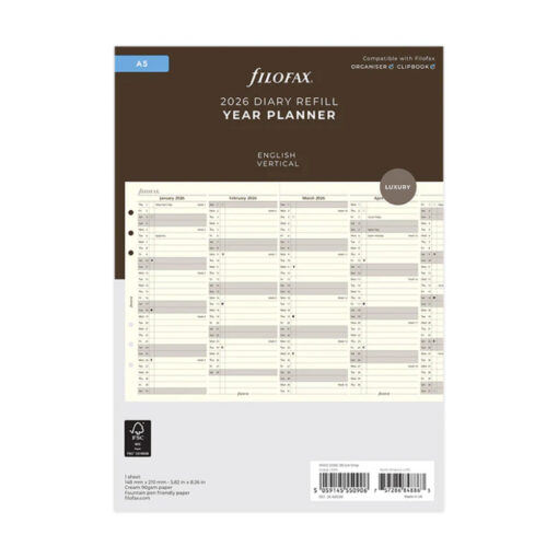 Filofax Vertical Year Planner A5 Cotton Cream 2026 English