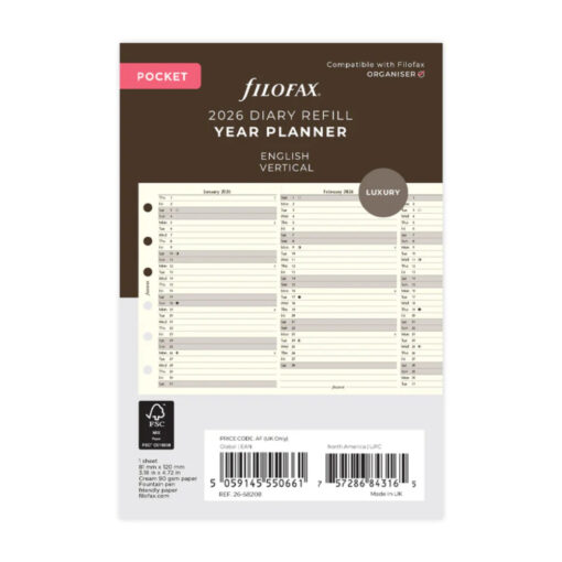 Filofax Vertical Year Planner Pocket Cotton Cream 2026 English