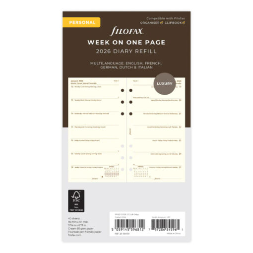 Filofax Week On One Page Diary - Personal Cotton Cream 2026 Multilanguage