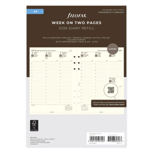 Filofax Week On Two Pages Diary With Appointments A5 Cotton Cream 2026 Multilanguage