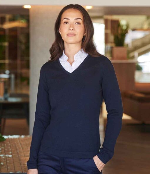 Henbury Ladies Lightweight Cotton Acrylic V Neck Sweater