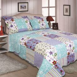 Lily Blue Quilted Bedspread Patchwork Floral - king-bed
