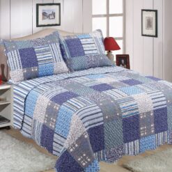 Quilted Bedspreads Patchwork & Floral designs - check-blue-king-bed