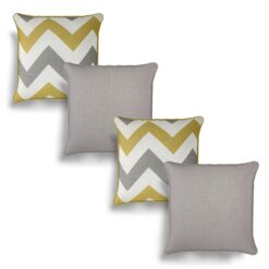 Set of 4 Ochre & Grey Cushion Covers, Pack of Four Matching Chevron Stripe and Plain Design Cotton Cushion Covers, Piped Trim Cushion Cases, Sofa Chair Throw Pillow Cases, 17" x 17", 43cm x 43cm