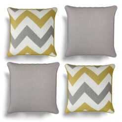 Set of 4 Ochre & Grey Cushion Covers, Pack of Four Matching Chevron Stripe and Plain Design Cotton Cushion Covers, Piped Trim Cushion Cases, Sofa Chair Throw Pillow Cases, 17" x 17", 43cm x 43cm