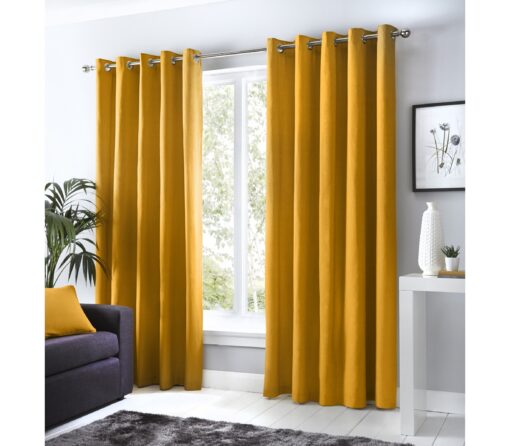 Sorbonne Ochre Yellow Eyelet Curtains Plain Design by Fusion - 90-x-72-228cm-x-182cm