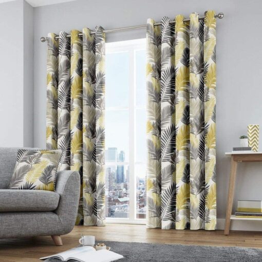 Tropical Leaf Print Ochre and Grey Eyelet Curtains by Fusion - 90-x-72-228cm-x-182cm