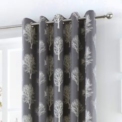 Woodland Trees Charcoal Grey Eyelet Curtains by Fusion