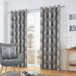 Woodland Trees Charcoal Grey Eyelet Curtains by Fusion - 90-x-90-228cm-x-228cm