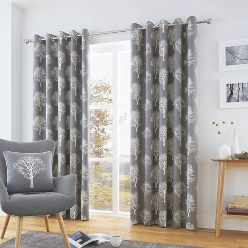 Woodland Trees Charcoal Grey Eyelet Curtains by Fusion - 90-x-90-228cm-x-228cm