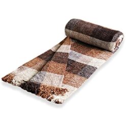 Zara Chenille Throw, check pattern with tassels in Chocolate