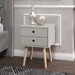 Arsisan Grey Scandia, 2 Drawer & Wood Legs Bedside Cabinet
