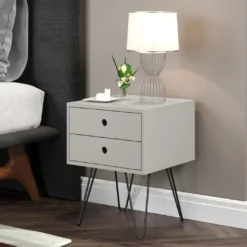 Arsisan Grey Telford, Metal Leg 2 Drawer Bedside Cabinet